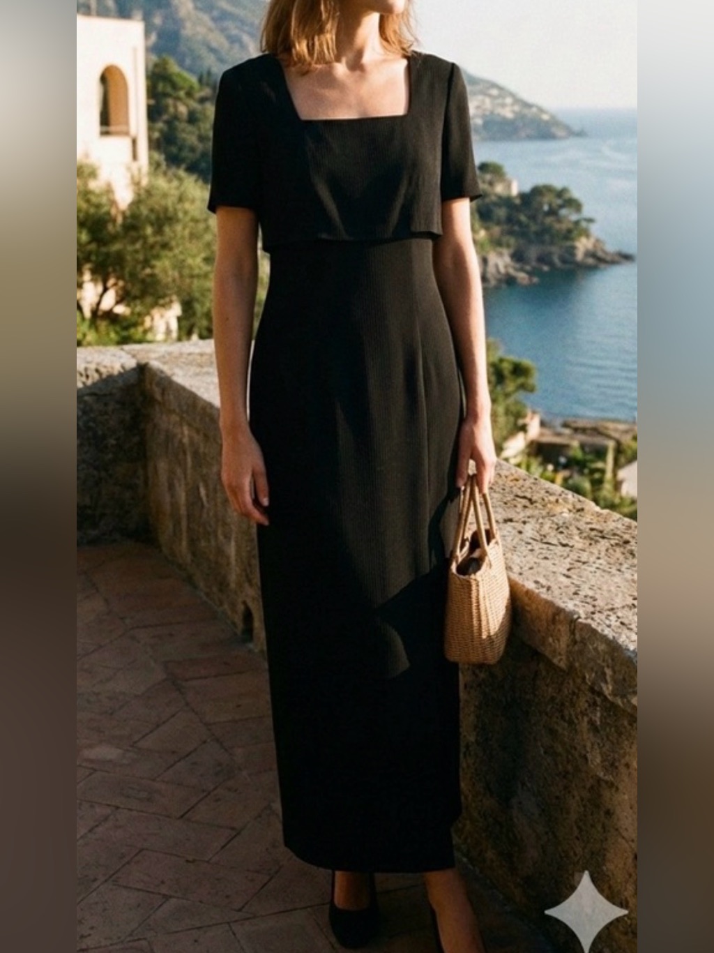 Vintage Liz Claiborne 90s Black Column Dress Old Money Euro Summer Square Neck